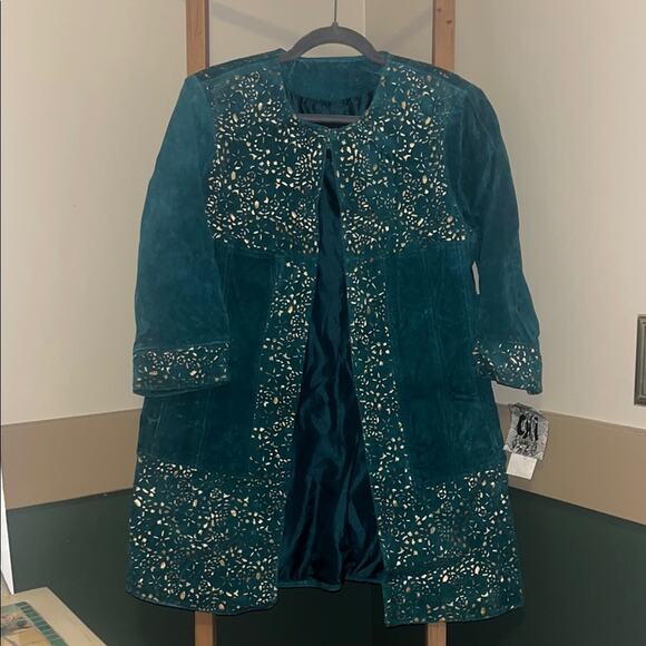 VTG Chi Carlos Falchi Suede Jacket Women’s Genuine Leather Green & Gold Size L - Picture 1 of 4
